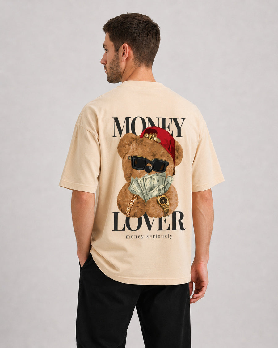 Money Lover T-Shirt – Apricot worn on a model