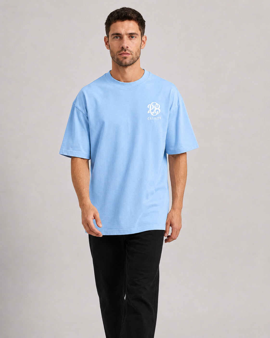 CASH28 1980 Bear T-Shirt – Sky Blue front model fit
