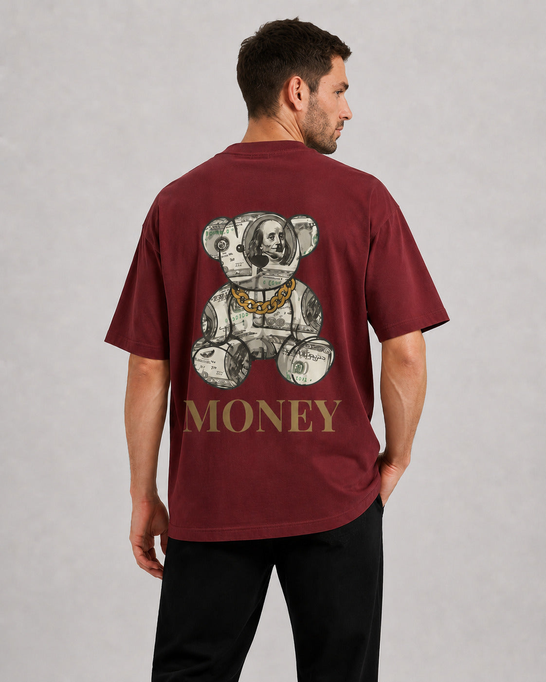CASH28 Money Bear T-Shirt – Wine Red back model fit