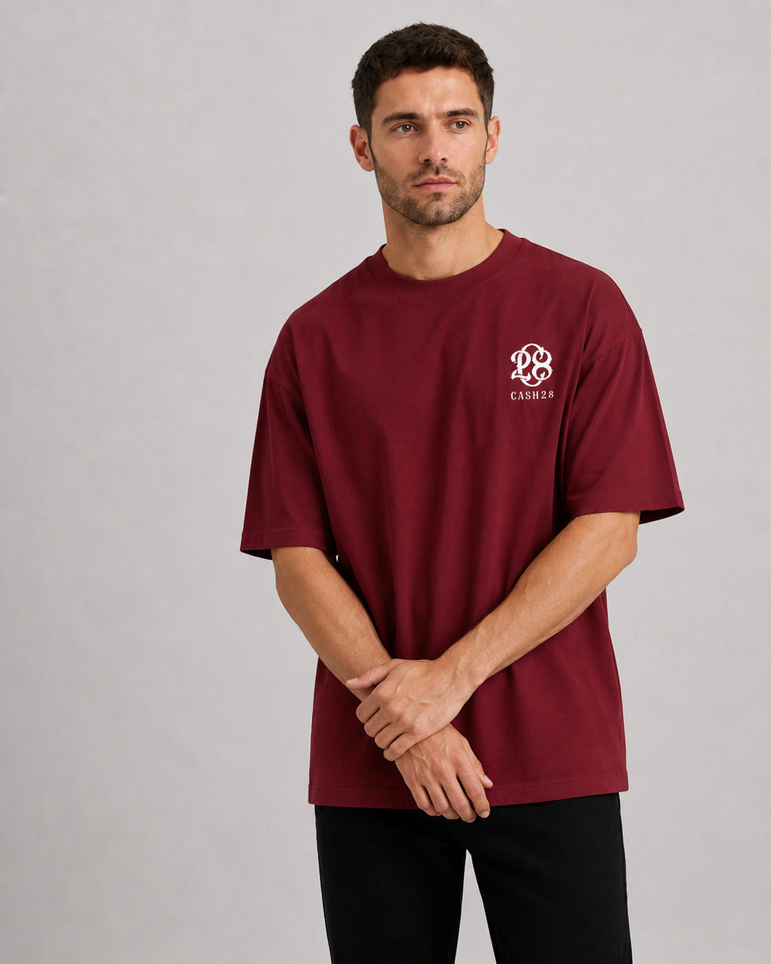 CASH28 Money Bear T-Shirt – Wine Red front model fit