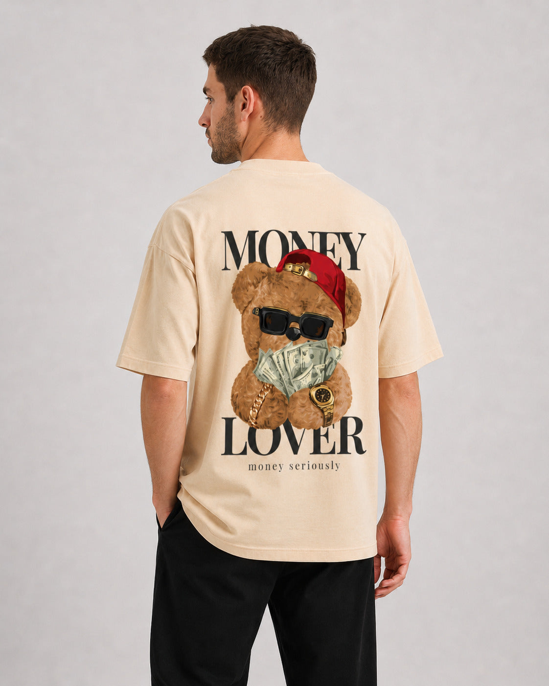 CASH28 Money Lover T-Shirt – Apricot back model fit