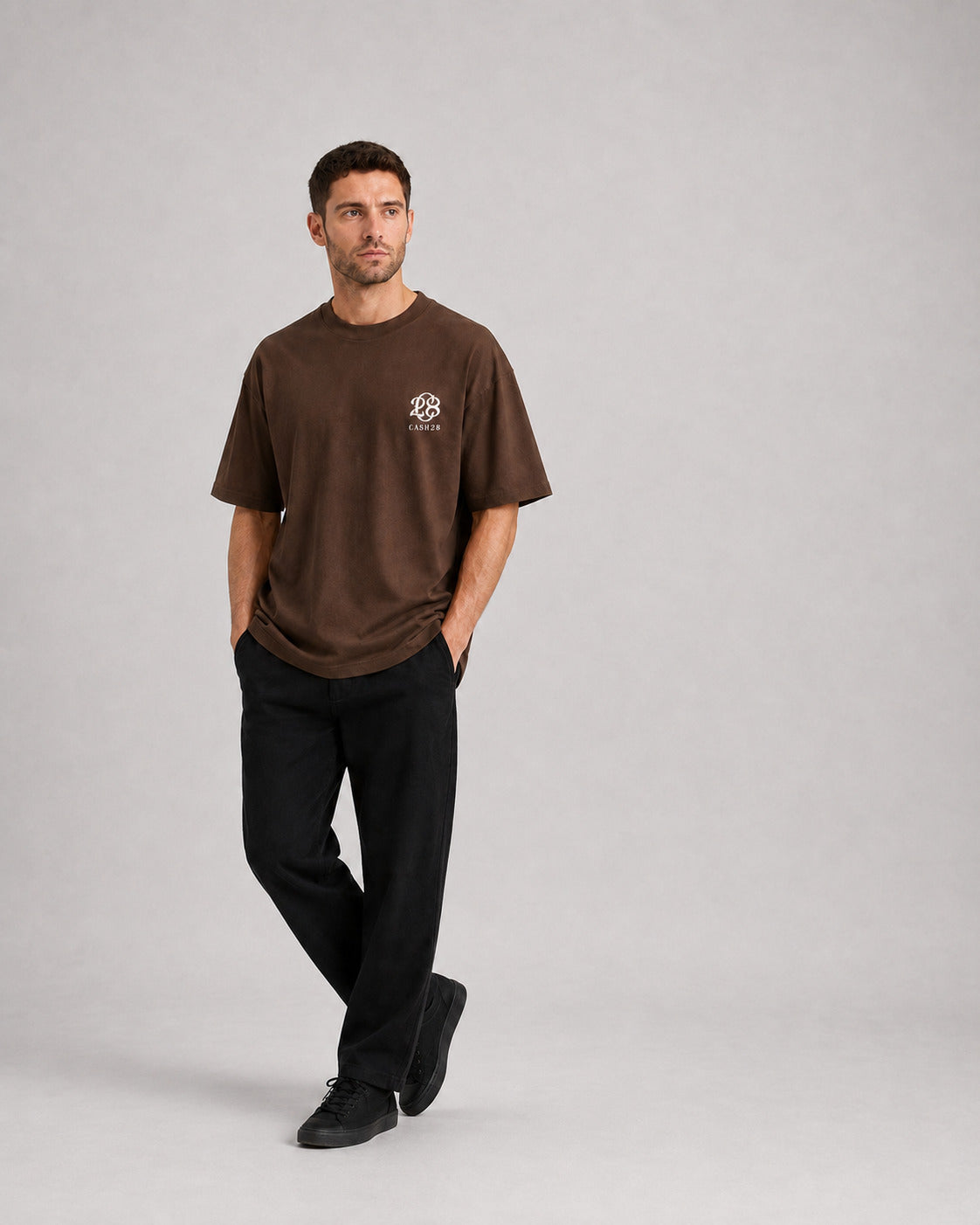 CASH28 Sneaker Head T-Shirt – Coffee Brown front model fit