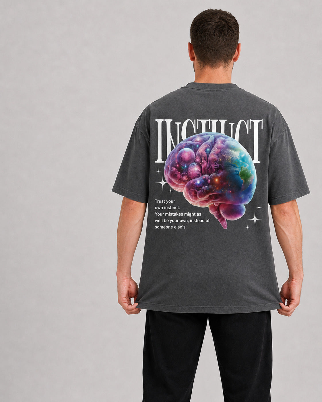 CASH28 Trust Your Instinct T-Shirt – Dark Grey back model fit